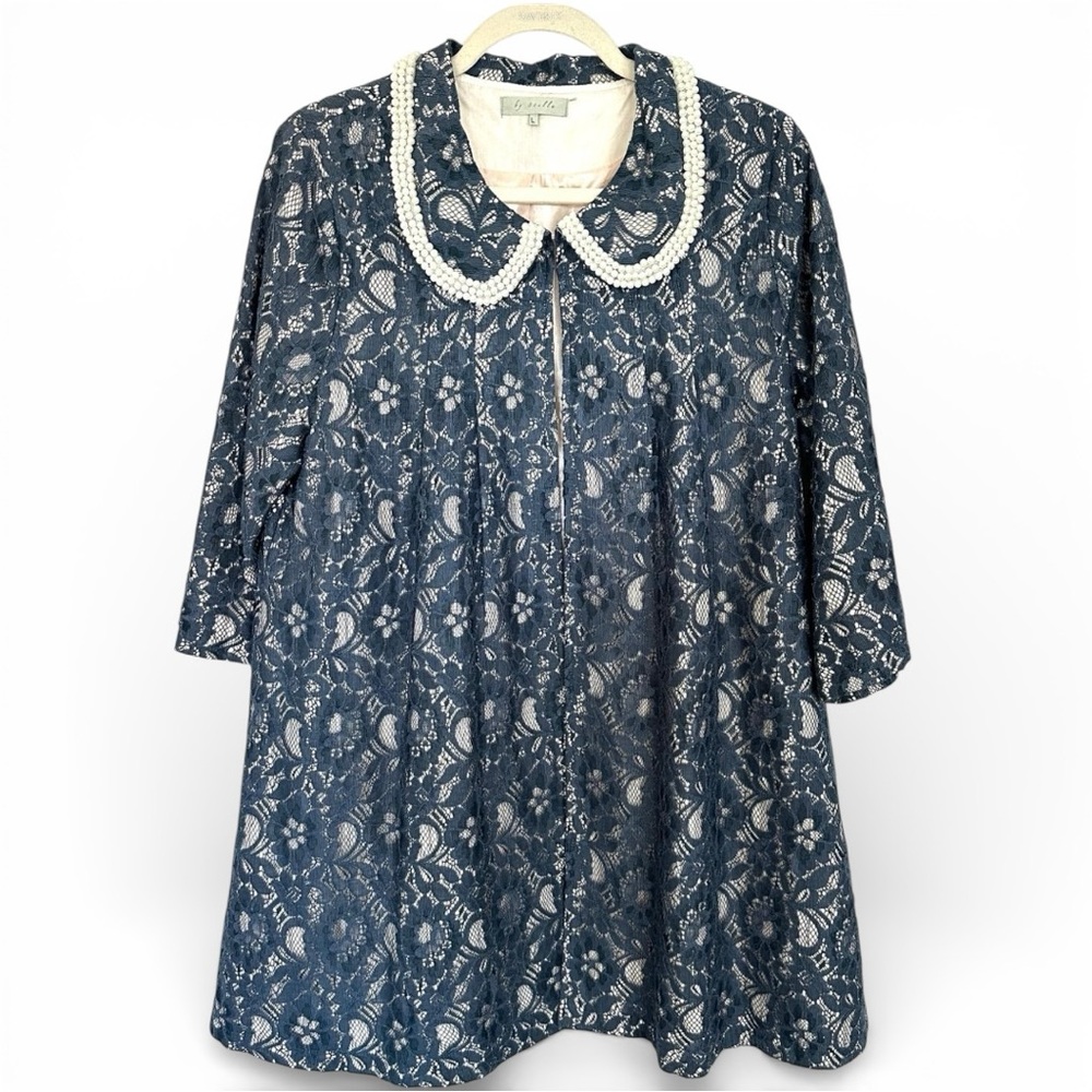Stella Blue Lace Coat Dress Pearl Collar Vintage Inspired Retro Swing Jacket